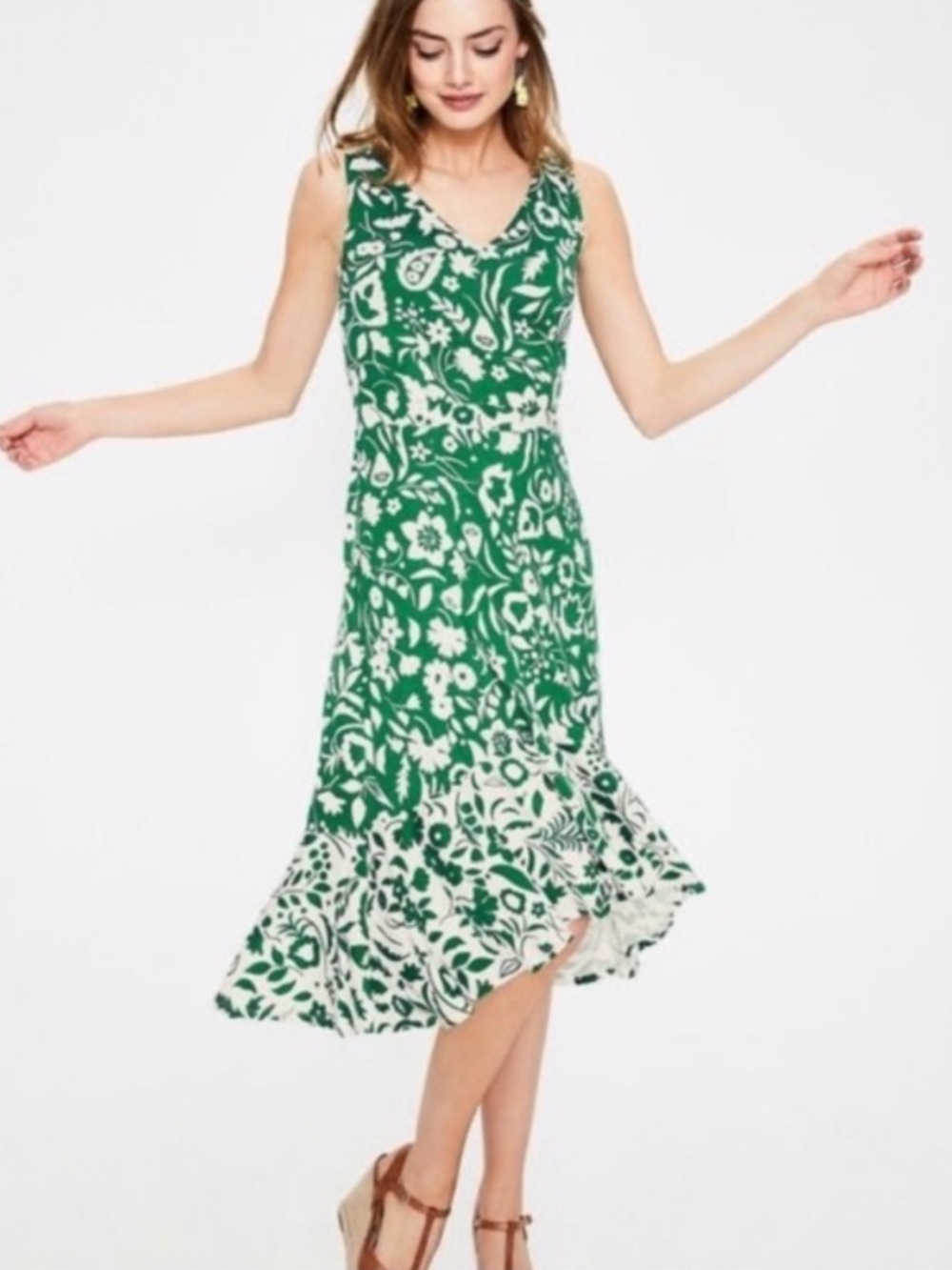 Boden Eliza Green and White Floral Midi Dress - Picture 2 of 8